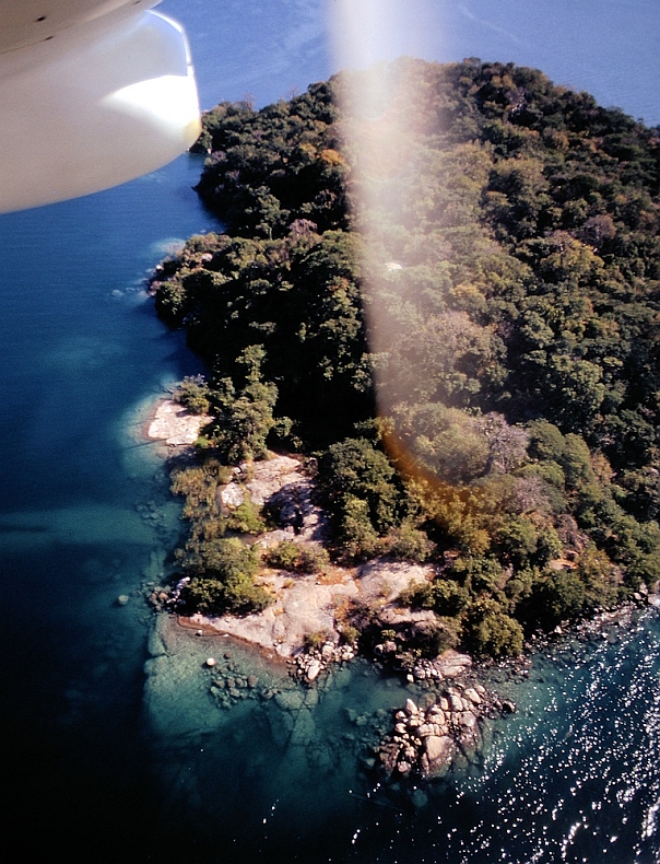 Thumbi Island. East, where Michael first collected cichlids in 1968. This photo was taken from an Air Malawi Britten-Norman Islander just before landing at Monkey Bay in 1971