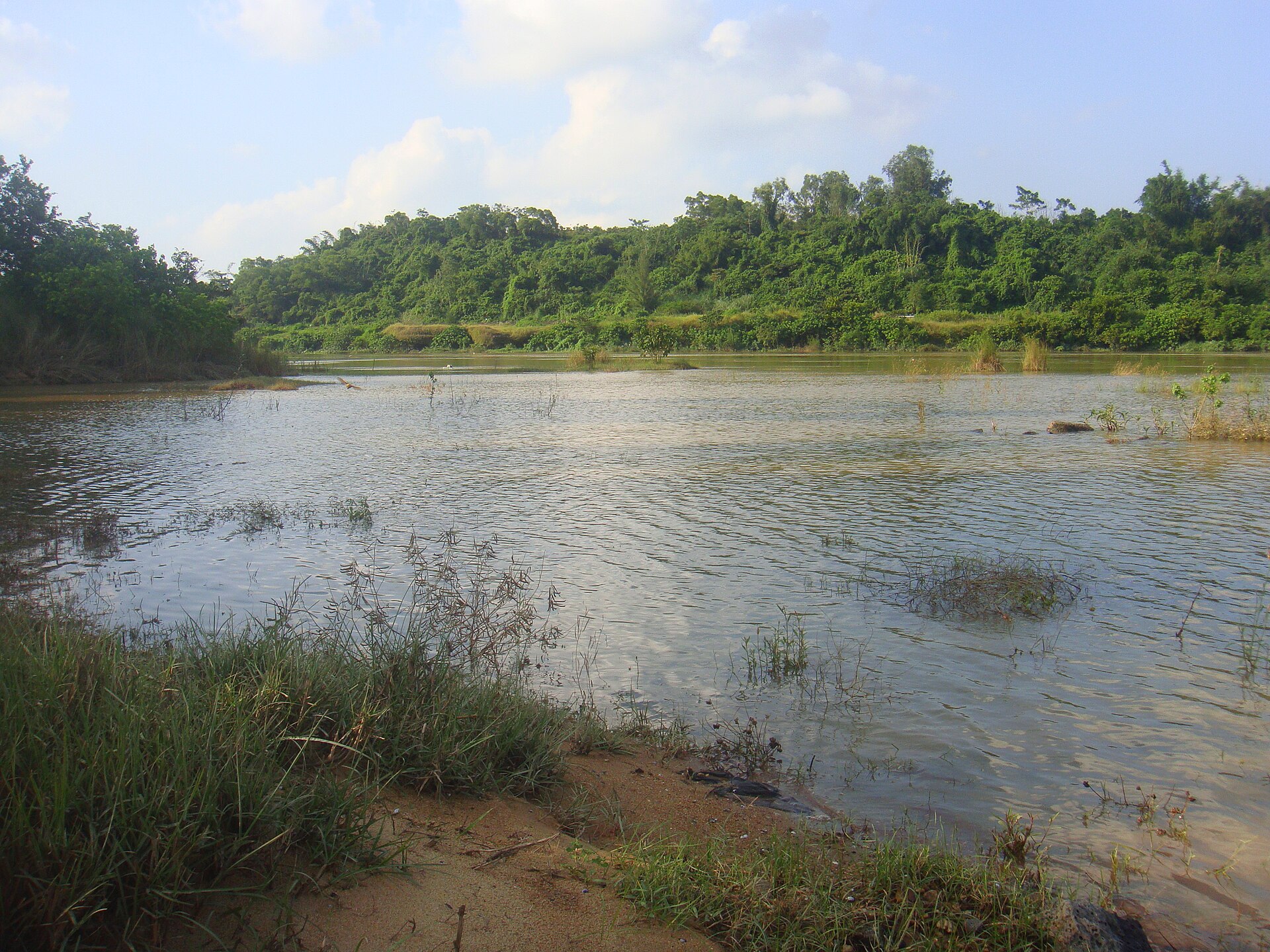 The shallow Nandu River spreads between grassy banks and low wooded hills near Longtang, Hainan, China.